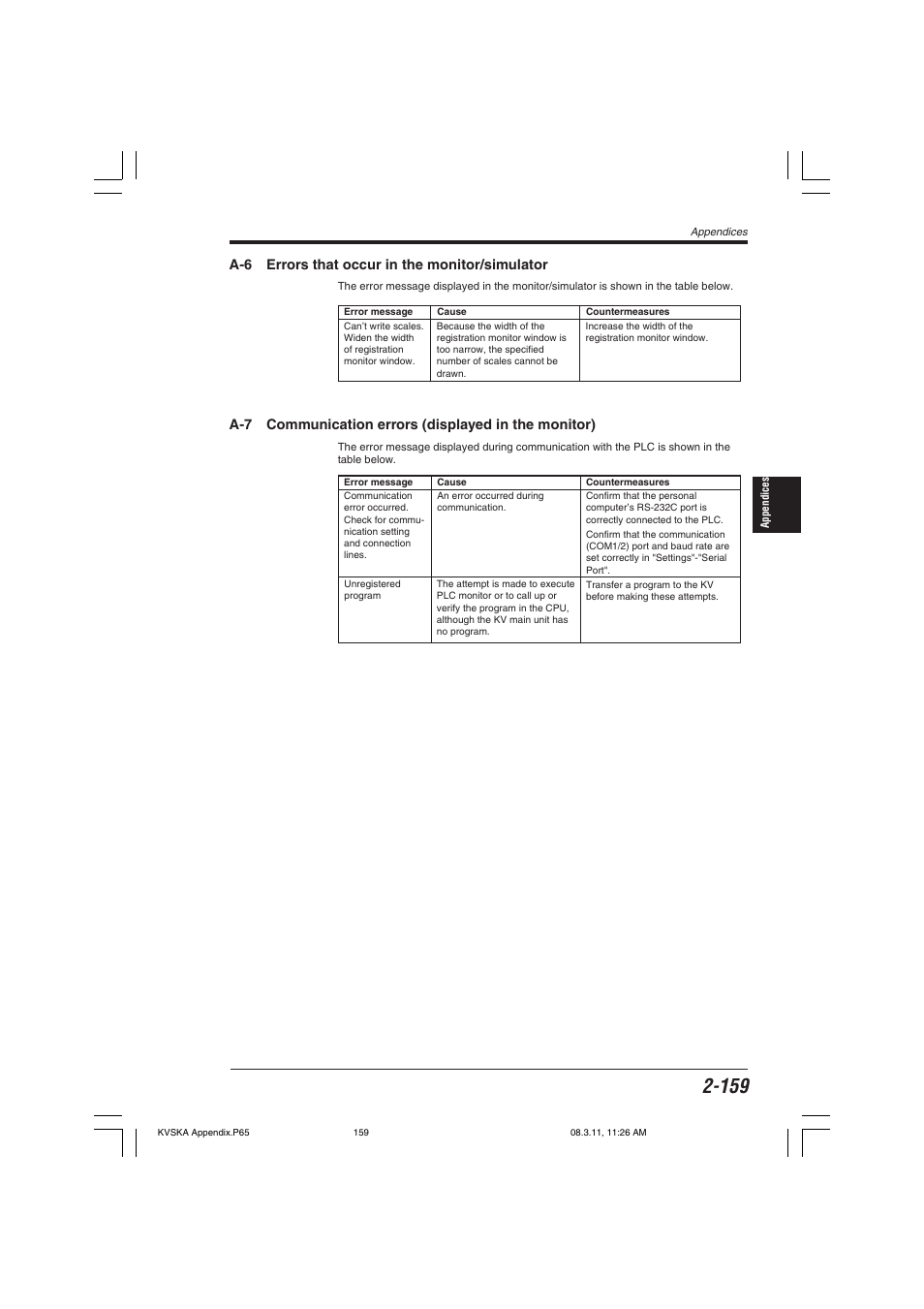 A-6 errors that occur in the monitor/simulator | KEYENCE KV Series User Manual | Page 183 / 240