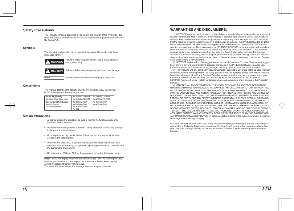 Safety precautions, Symbols, Conventions | General precautions, Warranties and disclaimers | KEYENCE KV Series User Manual | Page 2 / 240
