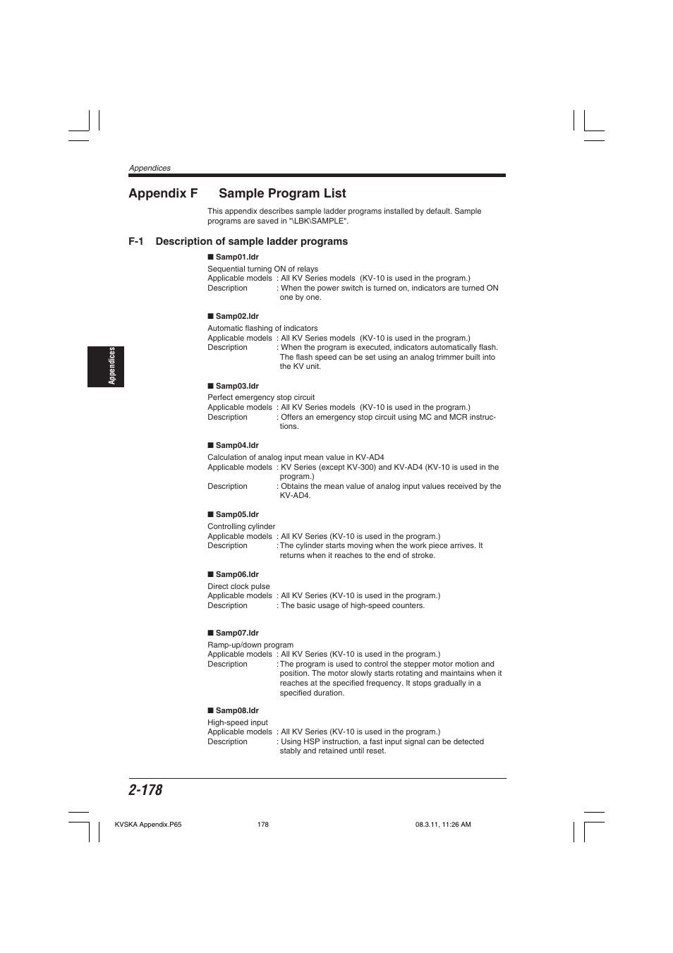 Appendix f sample program list, F-1 description of sample ladder programs | KEYENCE KV Series User Manual | Page 202 / 240