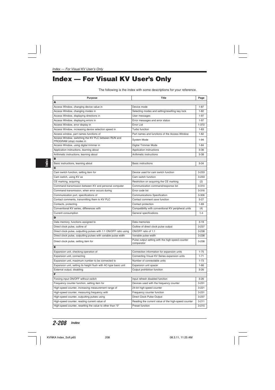 Index — for visual kv user’s only | KEYENCE KV Series User Manual | Page 232 / 240
