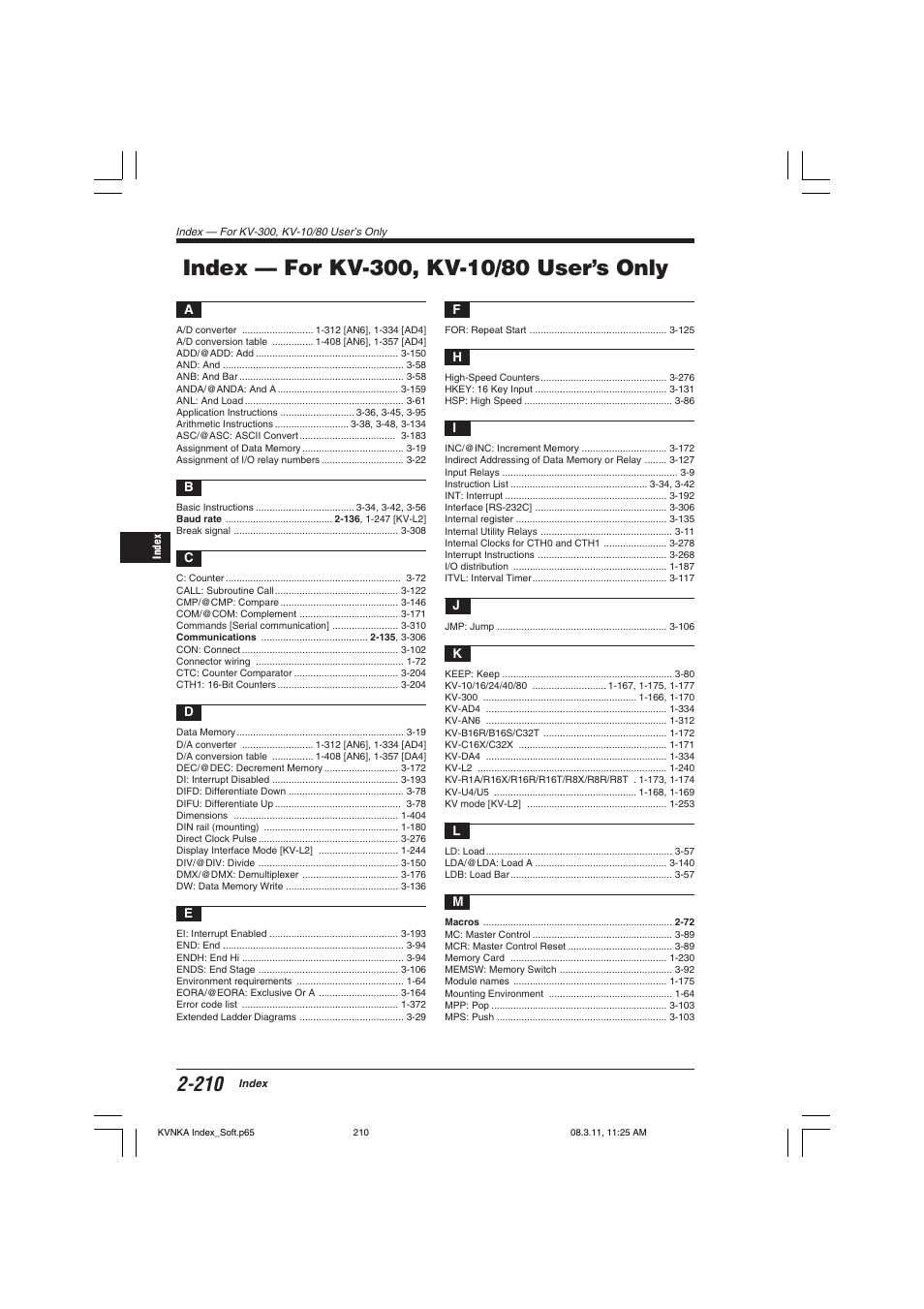 Index — for kv-300, kv-10/80 user’s only | KEYENCE KV Series User Manual | Page 234 / 240