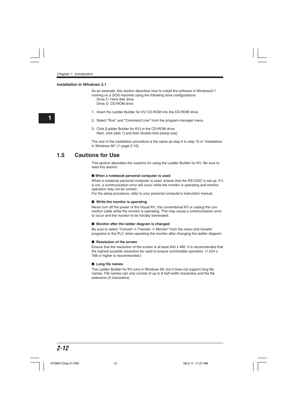 Installation in windows 3.1, 5 cautions for use | KEYENCE KV Series User Manual | Page 36 / 240