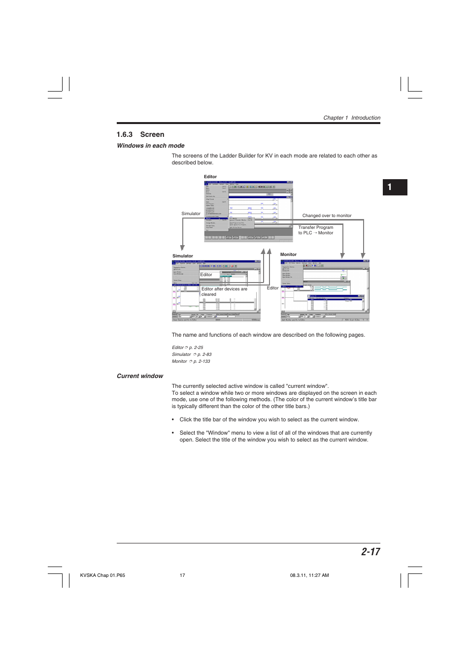 3 screen, Windows in each mode, Current window | KEYENCE KV Series User Manual | Page 41 / 240