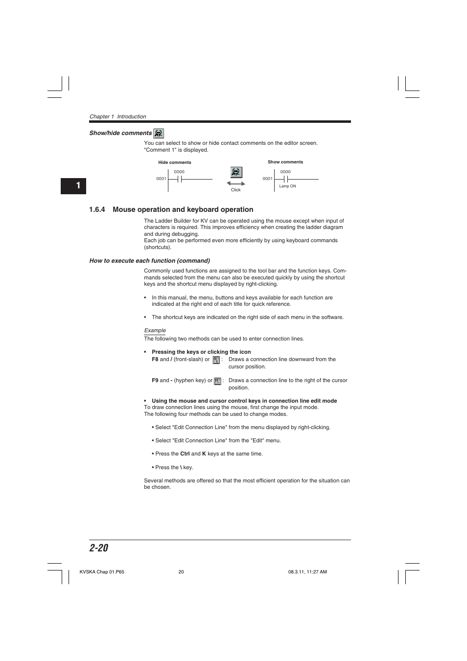 Show/hide comments, 4 mouse operation and keyboard operation, How to execute each function (command) | KEYENCE KV Series User Manual | Page 44 / 240