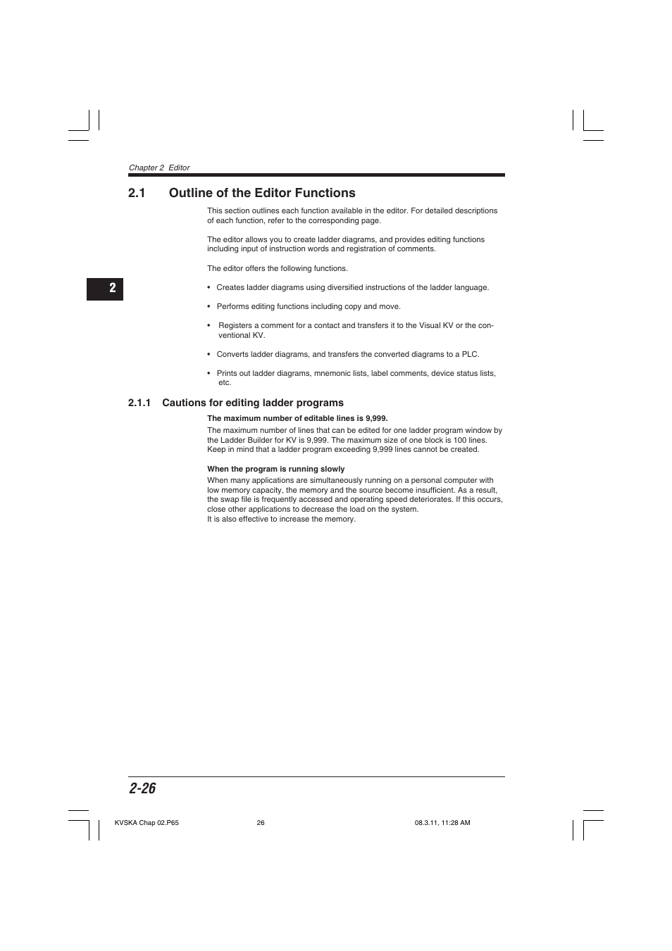 1 outline of the editor functions, 1 cautions for editing ladder programs | KEYENCE KV Series User Manual | Page 50 / 240