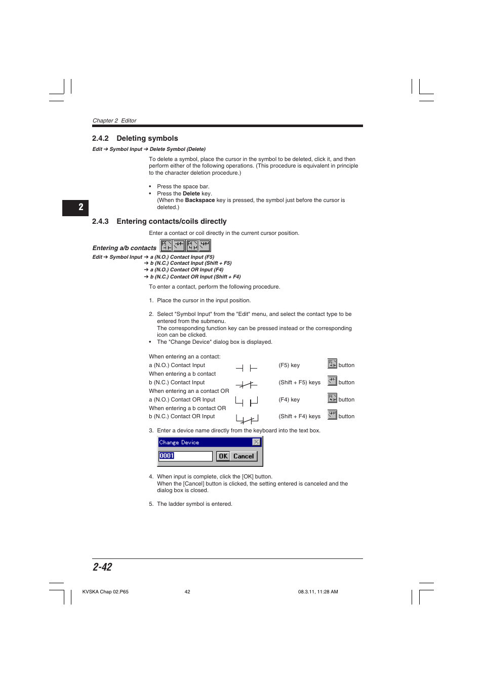 2 deleting symbols, 3 entering contacts/coils directly, Entering a/b contacts | KEYENCE KV Series User Manual | Page 66 / 240