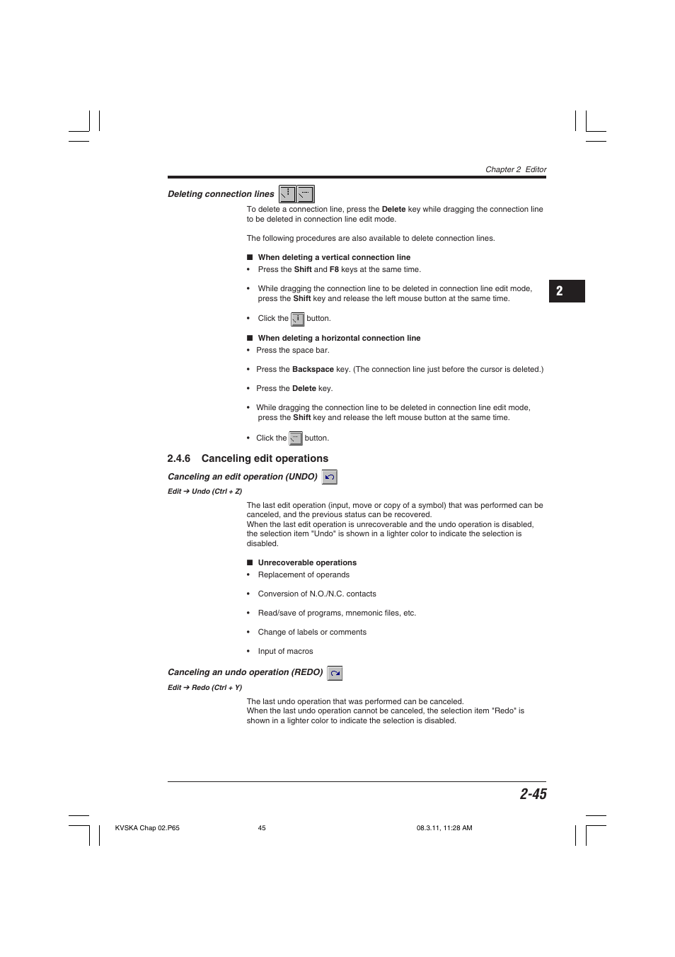 Deleting connection lines, 6 canceling edit operations, Canceling an edit operation (undo) | Canceling an undo operation (redo) | KEYENCE KV Series User Manual | Page 69 / 240