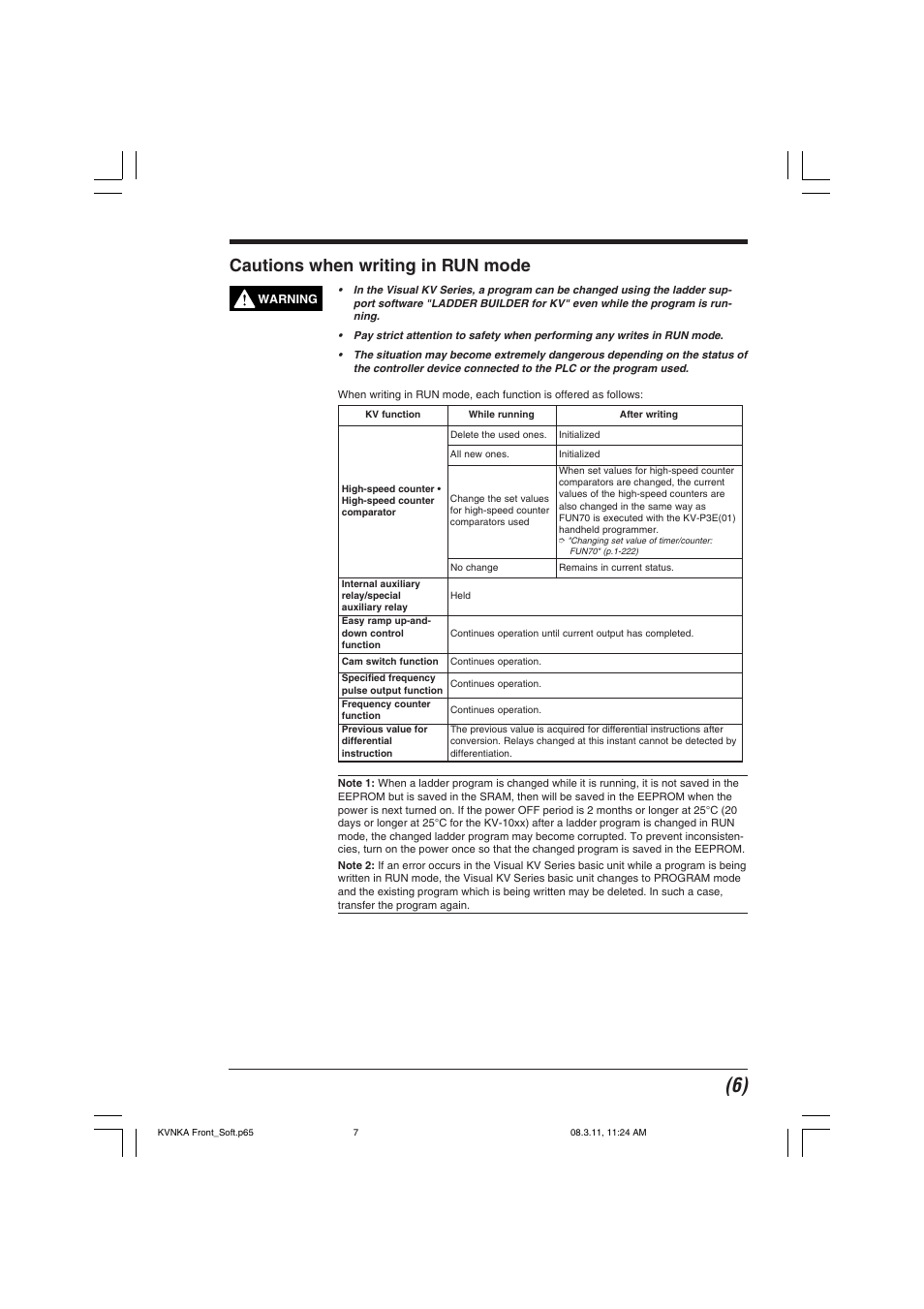 Cautions when writing in run mode | KEYENCE KV Series User Manual | Page 7 / 240