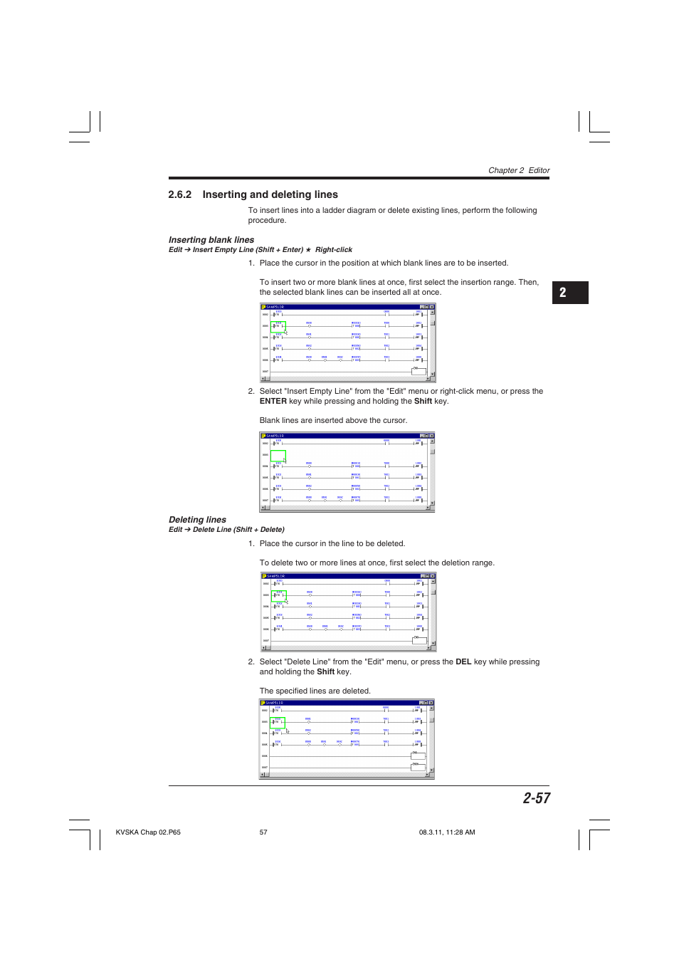 2 inserting and deleting lines, Inserting blank lines, Deleting lines | KEYENCE KV Series User Manual | Page 81 / 240