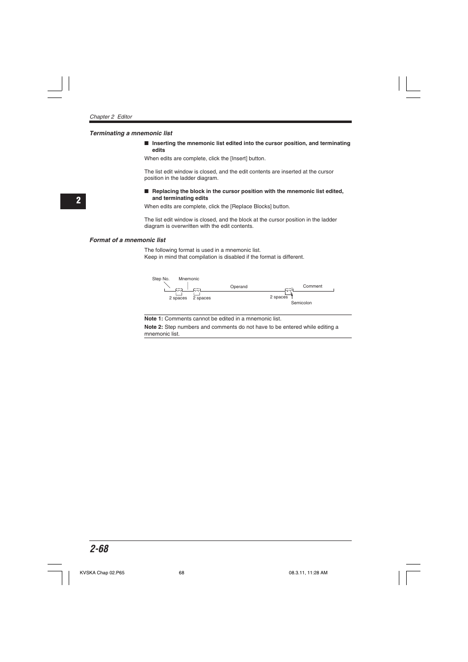 Terminating a mnemonic list, Format of a mnemonic list | KEYENCE KV Series User Manual | Page 92 / 240