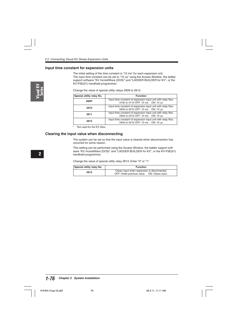 Input time constant for expansion units, Clearing the input value when disconnecting, Visual kv series | KEYENCE Visual KV Series User Manual | Page 100 / 444