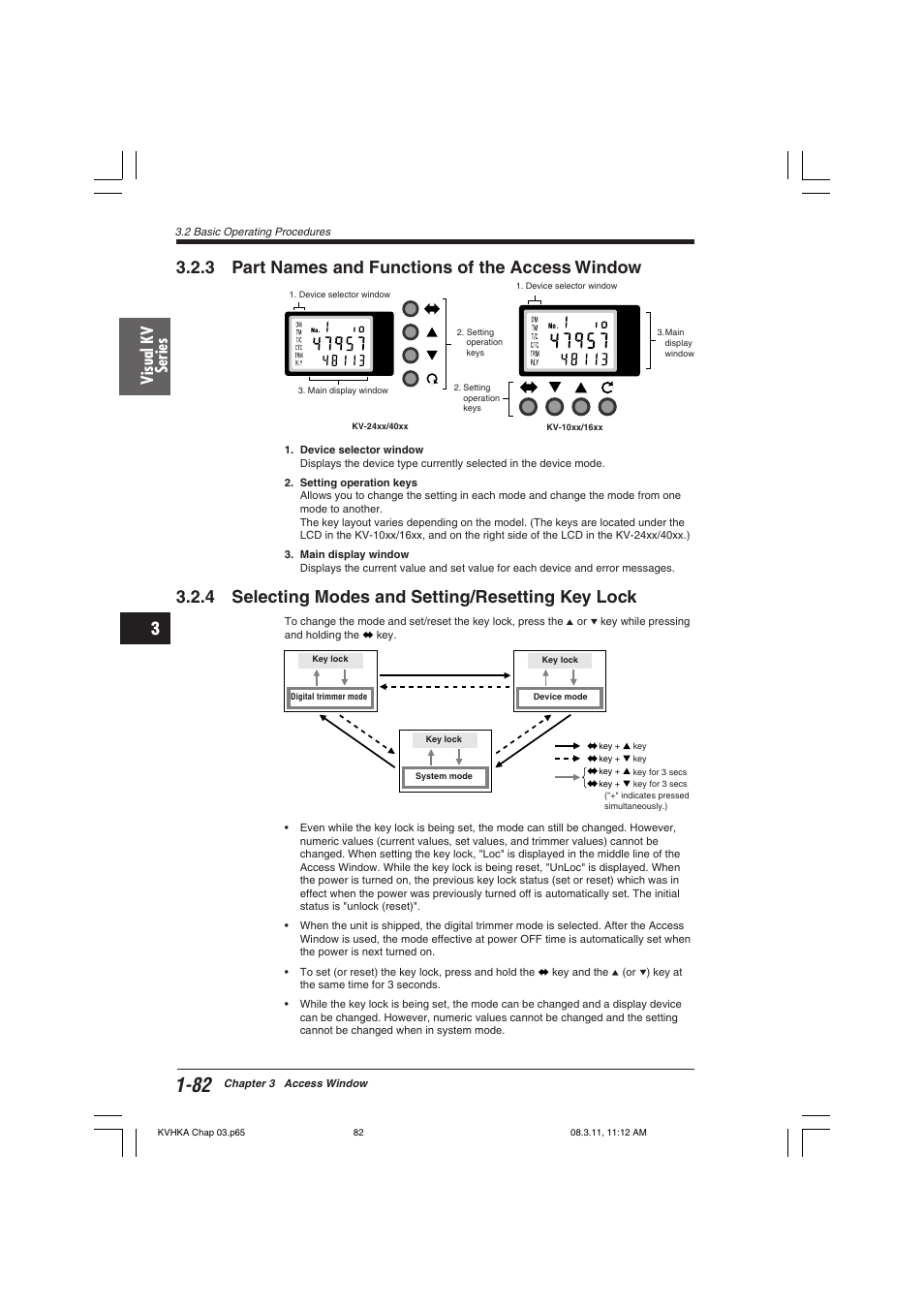 3 part names and functions of the access window, 4 selecting modes and setting/resetting key lock, Visual kv series | KEYENCE Visual KV Series User Manual | Page 106 / 444