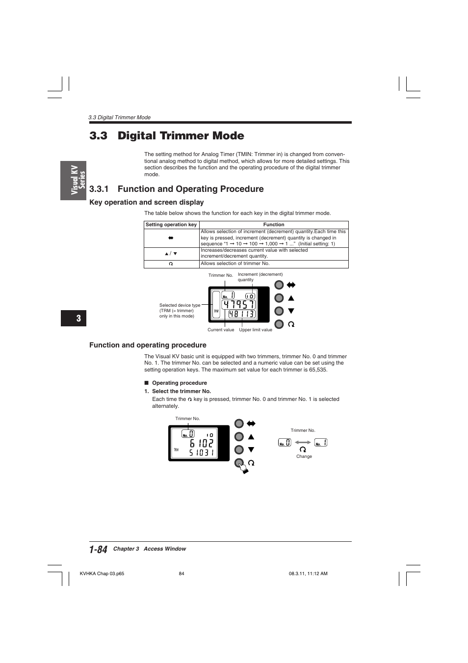 3 digital trimmer mode, 1 function and operating procedure, Key operation and screen display | Function and operating procedure, Visual kv series | KEYENCE Visual KV Series User Manual | Page 108 / 444