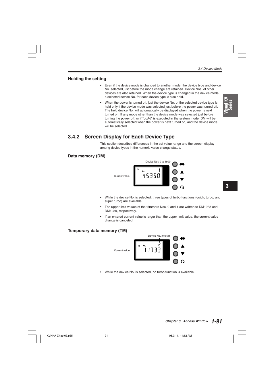 Holding the setting, 2 screen display for each device type, Data memory (dm) | Temporary data memory (tm), Visual kv series | KEYENCE Visual KV Series User Manual | Page 115 / 444