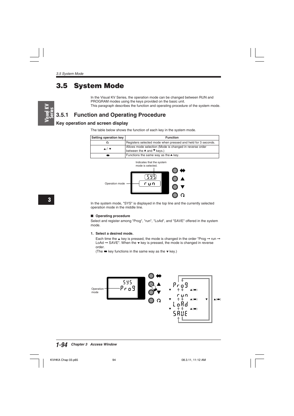 5 system mode, 1 function and operating procedure, Key operation and screen display | Visual kv series | KEYENCE Visual KV Series User Manual | Page 118 / 444