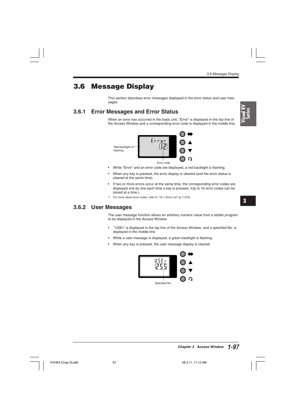 6 message display, 1 error messages and error status, 2 user messages | KEYENCE Visual KV Series User Manual | Page 121 / 444