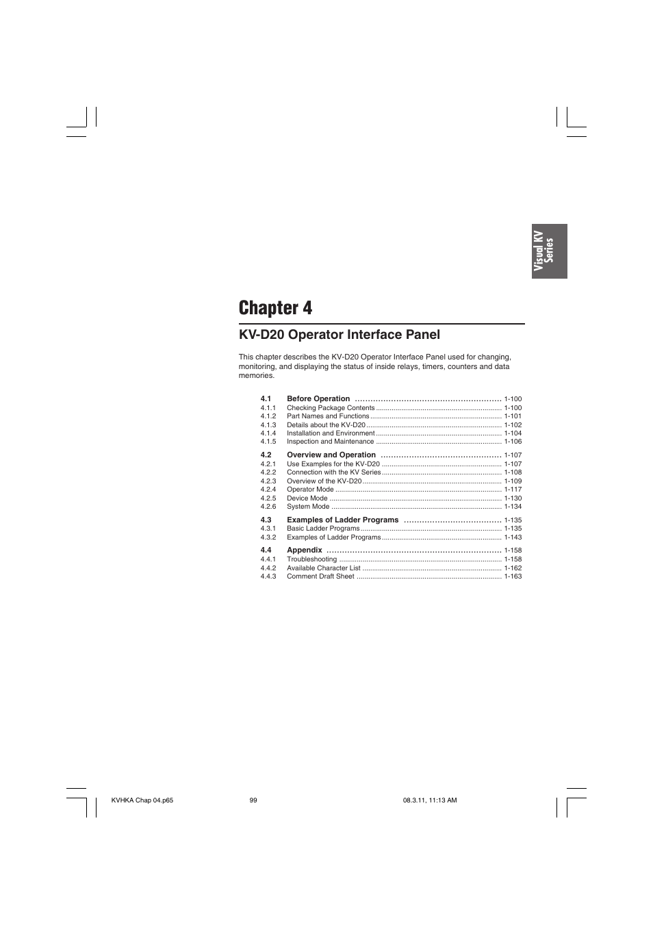 Chapter 4 kv-d20 operator interface panel, Chapter 4, Kv-d20 operator interface panel | Visual kv series | KEYENCE Visual KV Series User Manual | Page 123 / 444