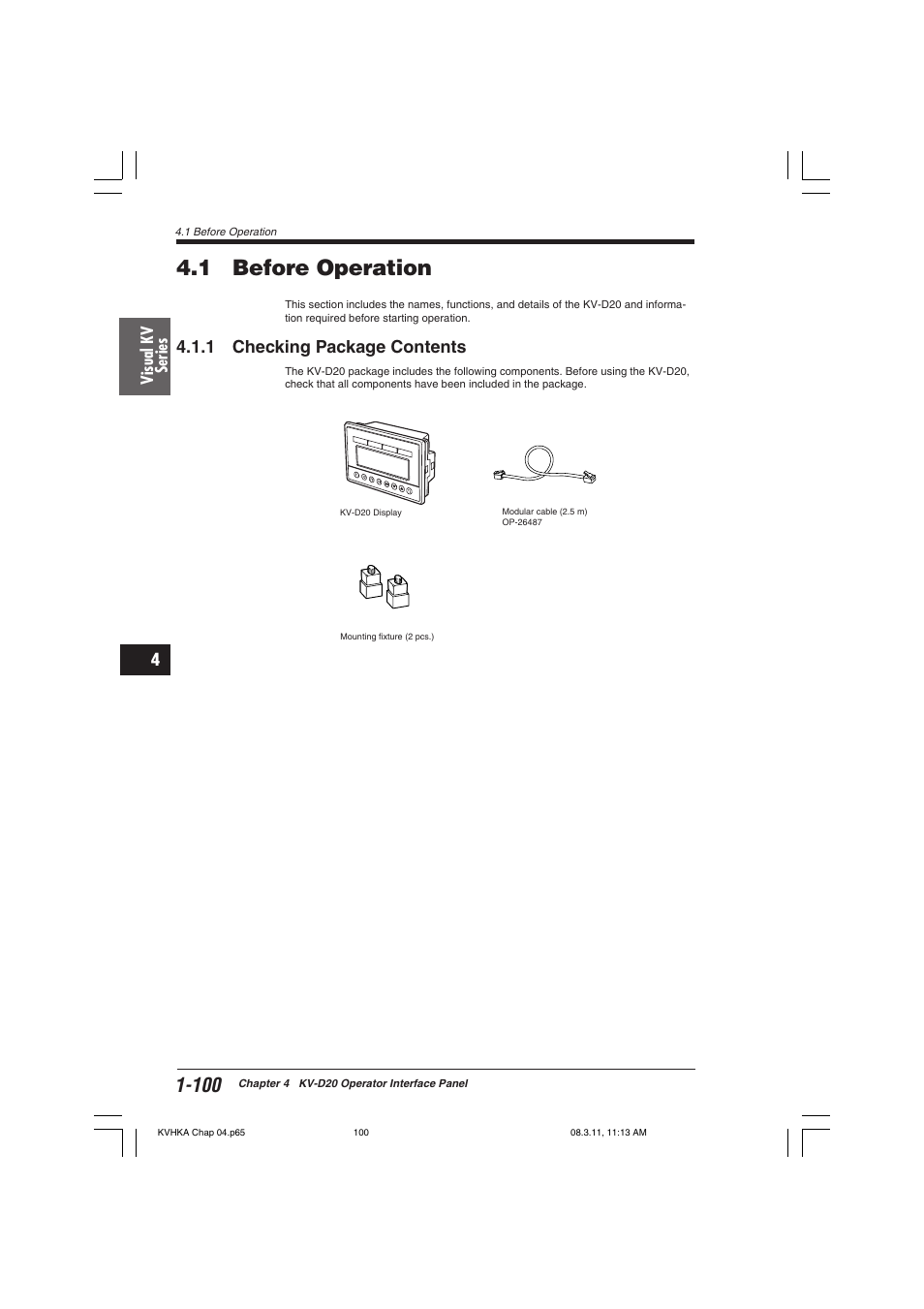 1 before operation, 1 checking package contents | KEYENCE Visual KV Series User Manual | Page 124 / 444
