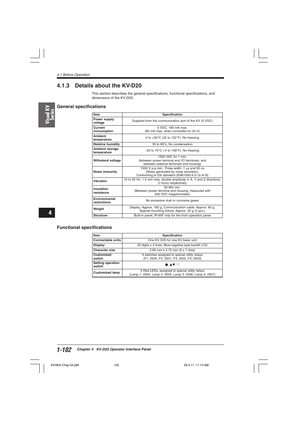 3 details about the kv-d20, General specifications, Functional specifications | Visual kv series, General specifications functional specifications | KEYENCE Visual KV Series User Manual | Page 126 / 444