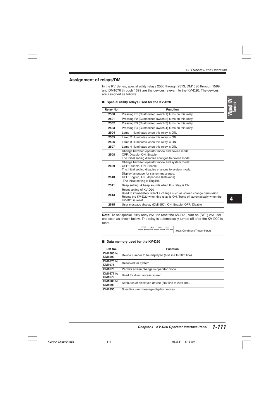 Assignment of relays/dm, Visual kv series | KEYENCE Visual KV Series User Manual | Page 135 / 444