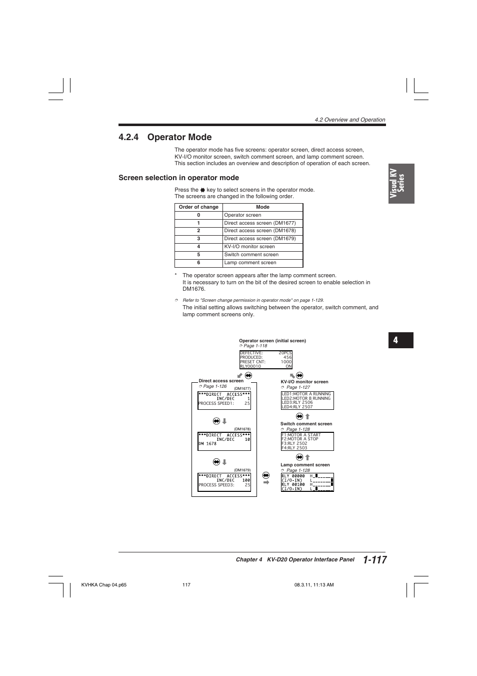 4 operator mode, Screen selection in operator mode, Visual kv series | KEYENCE Visual KV Series User Manual | Page 141 / 444