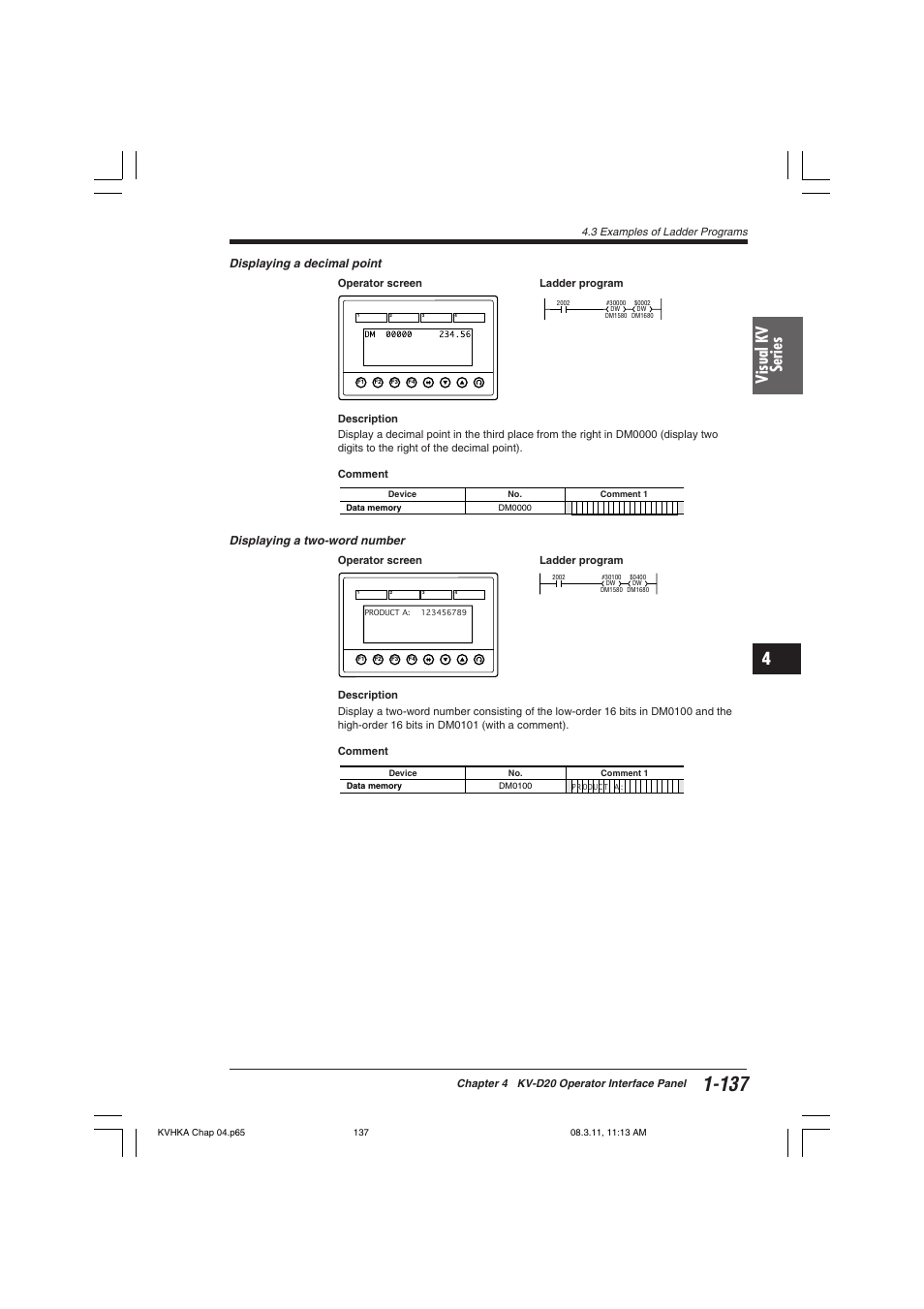 Visual kv series, Displaying a decimal point, Displaying a two-word number | KEYENCE Visual KV Series User Manual | Page 161 / 444