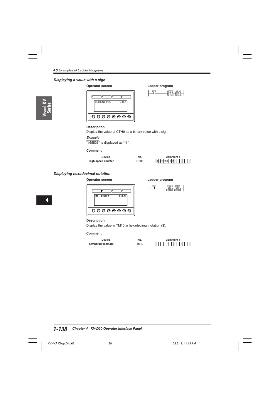 Visual kv series, Displaying a value with a sign, Displaying hexadecimal notation | KEYENCE Visual KV Series User Manual | Page 162 / 444