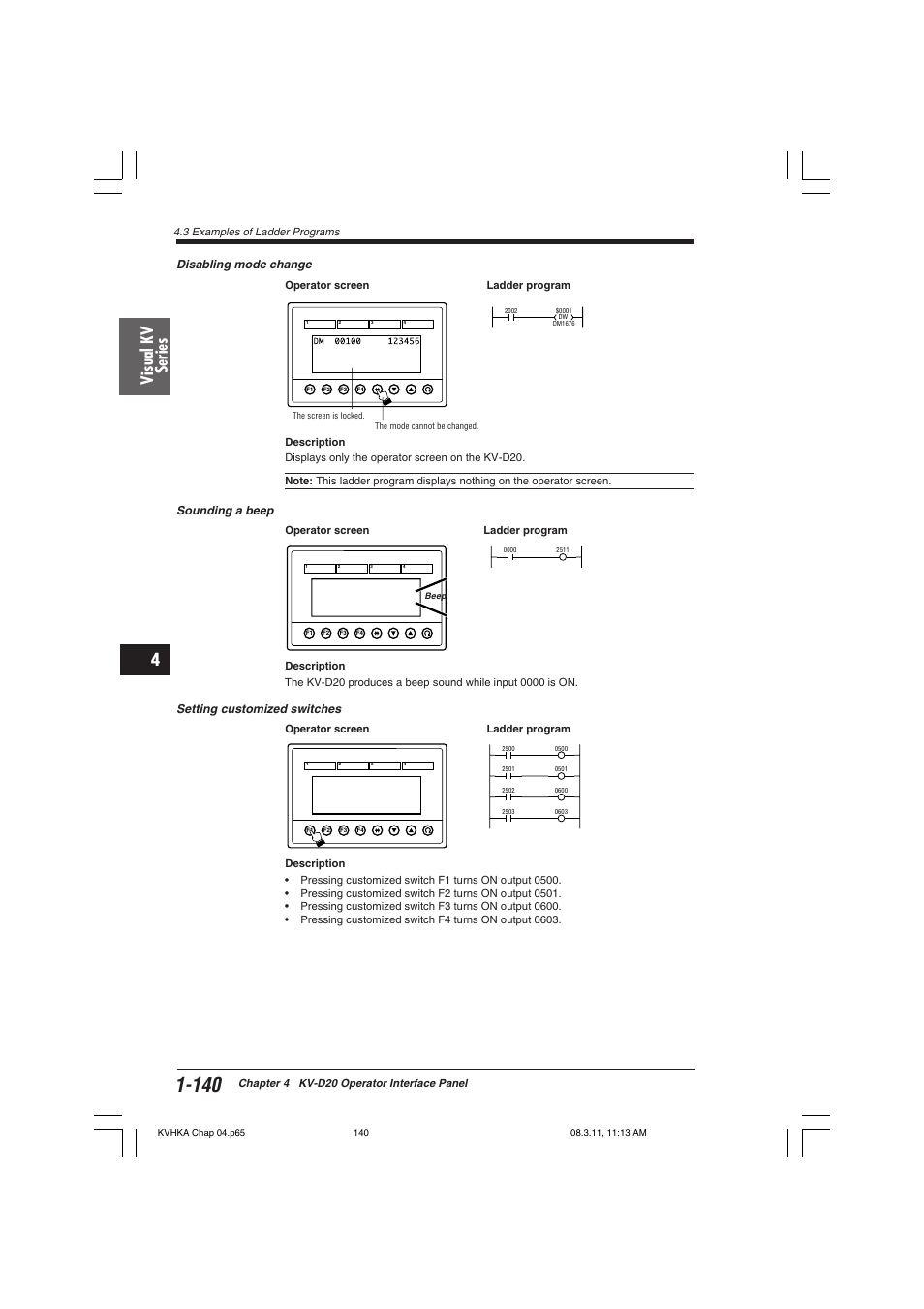 Visual kv series, Disabling mode change, Sounding a beep | Setting customized switches | KEYENCE Visual KV Series User Manual | Page 164 / 444