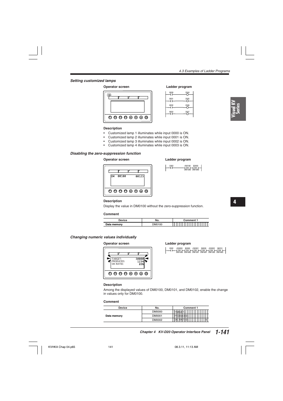 Visual kv series, Setting customized lamps, Disabling the zero-suppression function | Changing numeric values individually | KEYENCE Visual KV Series User Manual | Page 165 / 444