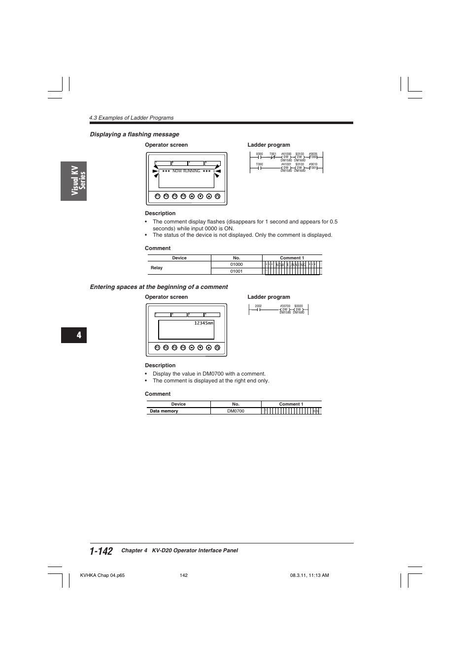 Visual kv series, Displaying a flashing message, Entering spaces at the beginning of a comment | KEYENCE Visual KV Series User Manual | Page 166 / 444