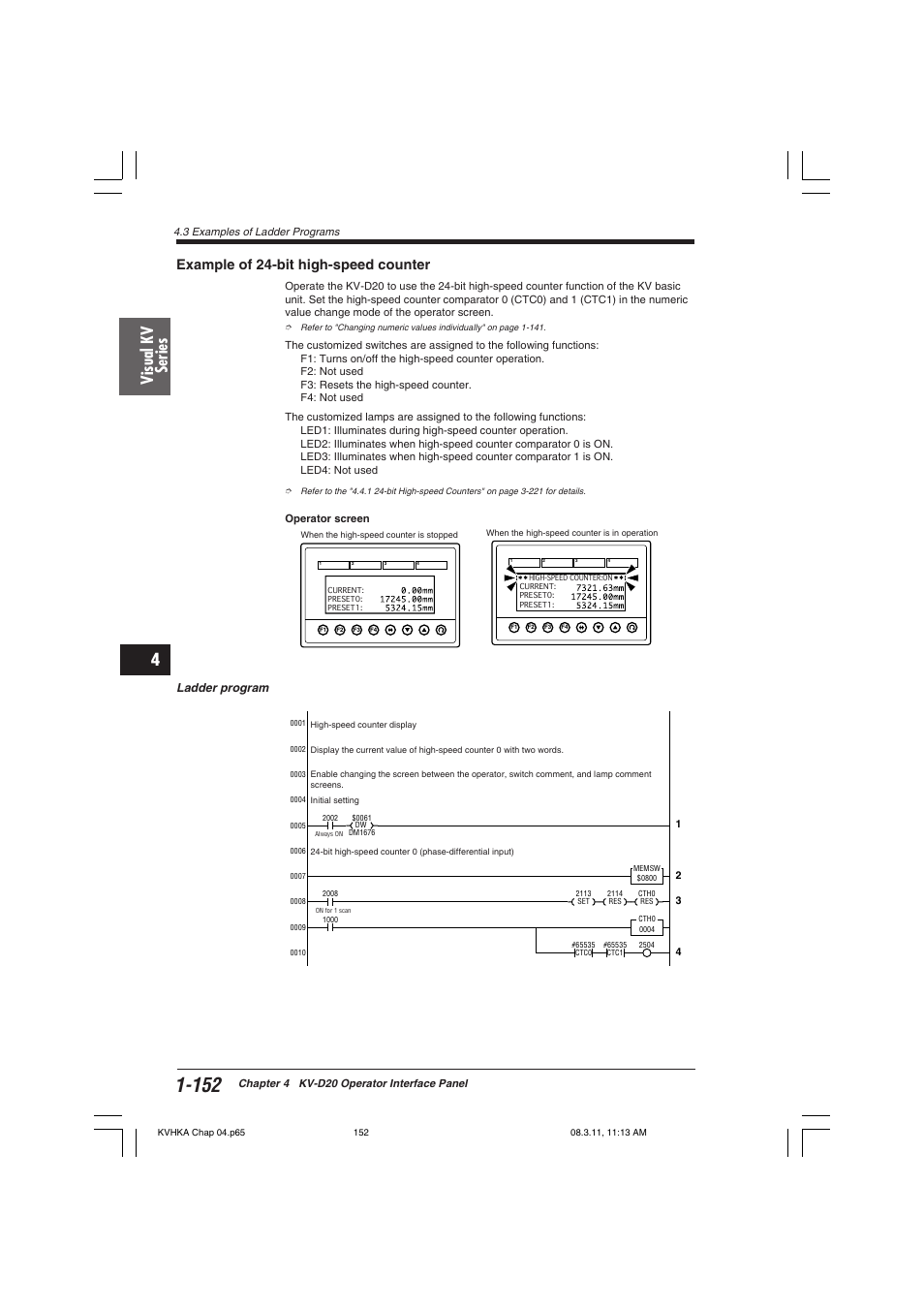Example of 24-bit high-speed counter, Visual kv series, Ladder program | KEYENCE Visual KV Series User Manual | Page 176 / 444