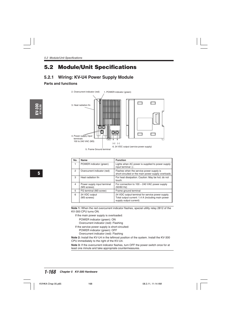 2 module/unit specifications, 1 wiring: kv-u4 power supply module, Parts and functions | Kv -300 | KEYENCE Visual KV Series User Manual | Page 192 / 444