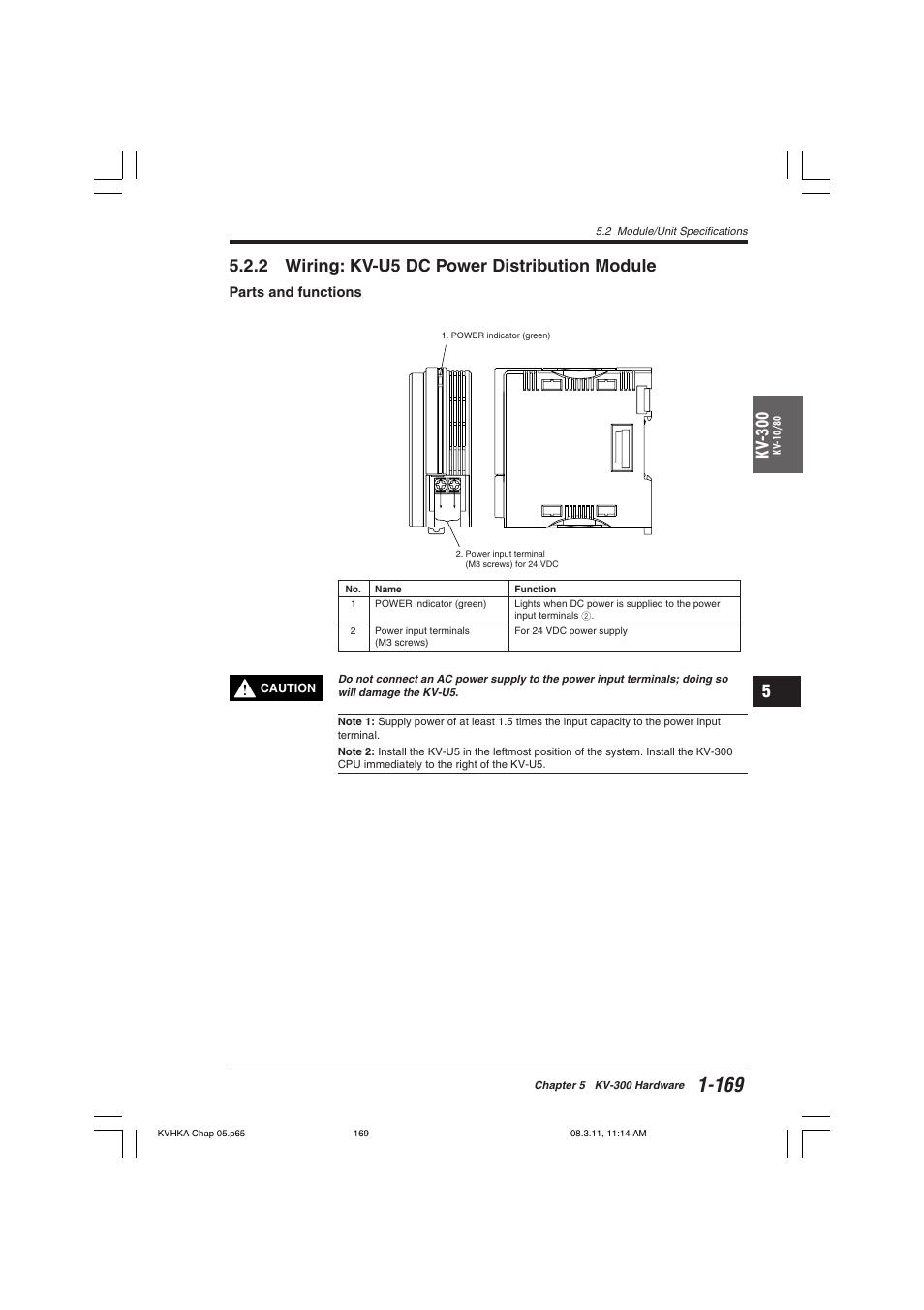 2 wiring: kv-u5 dc power distribution module, Parts and functions, Kv -300 | KEYENCE Visual KV Series User Manual | Page 193 / 444
