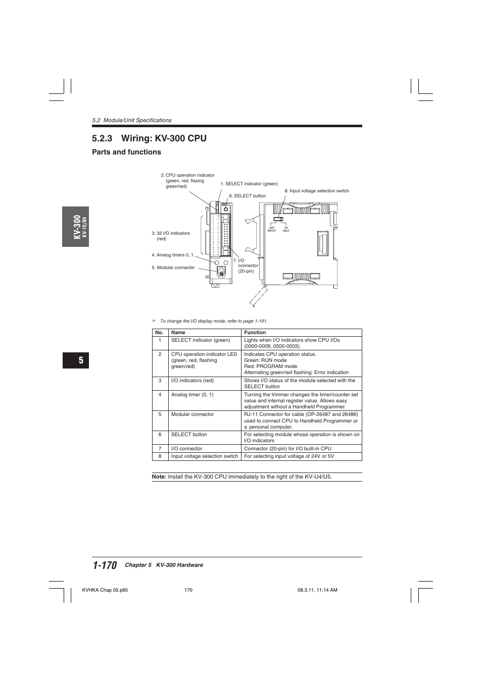 3 wiring: kv-300 cpu, Parts and functions, Kv -300 | KEYENCE Visual KV Series User Manual | Page 194 / 444