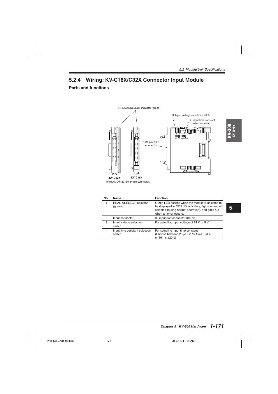4 wiring: kv-c16x/c32x connector input module, Parts and functions, Kv -300 | KEYENCE Visual KV Series User Manual | Page 195 / 444
