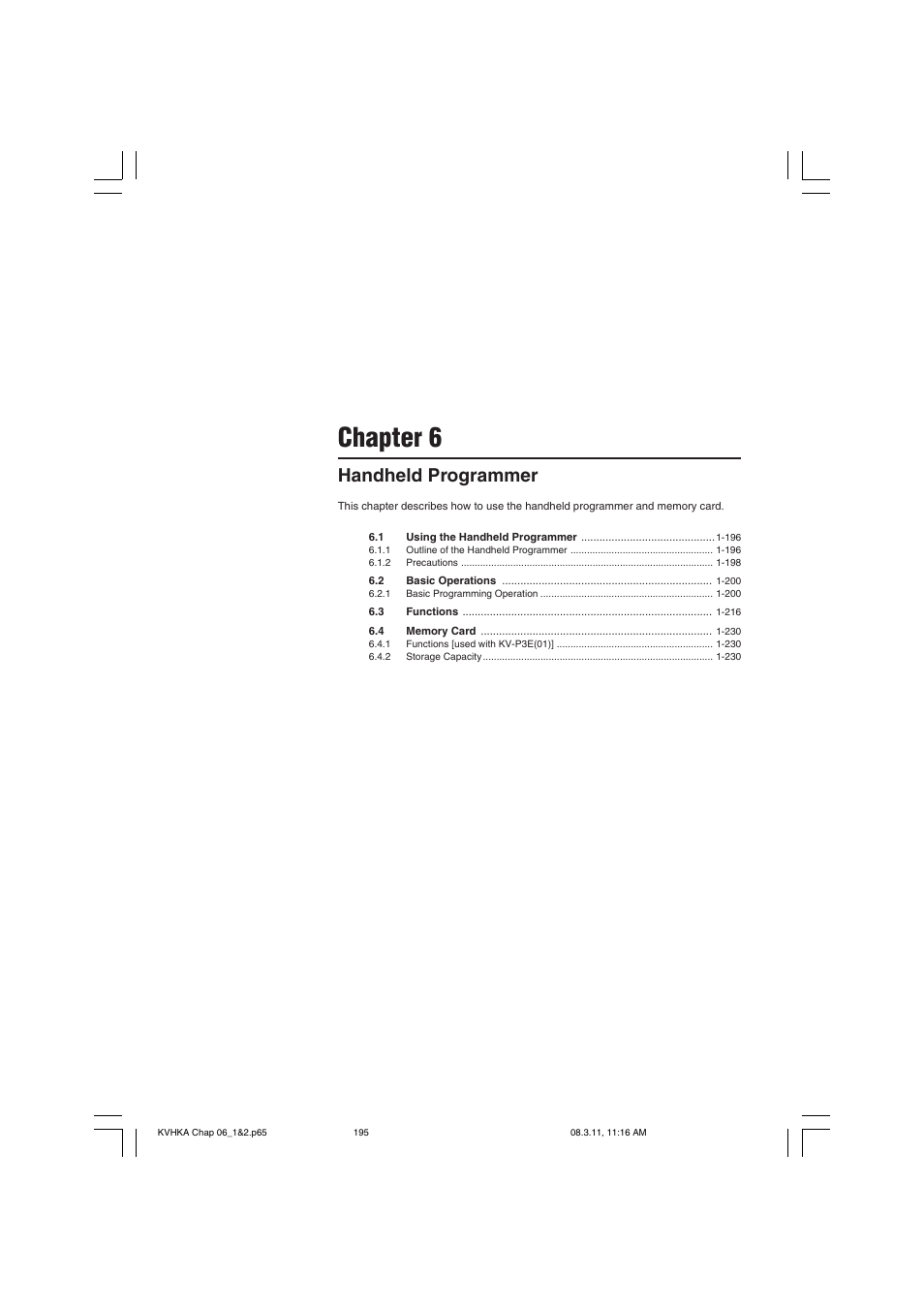 Chapter 6 handheld programmer, Chapter 6, Handheld programmer | KEYENCE Visual KV Series User Manual | Page 219 / 444