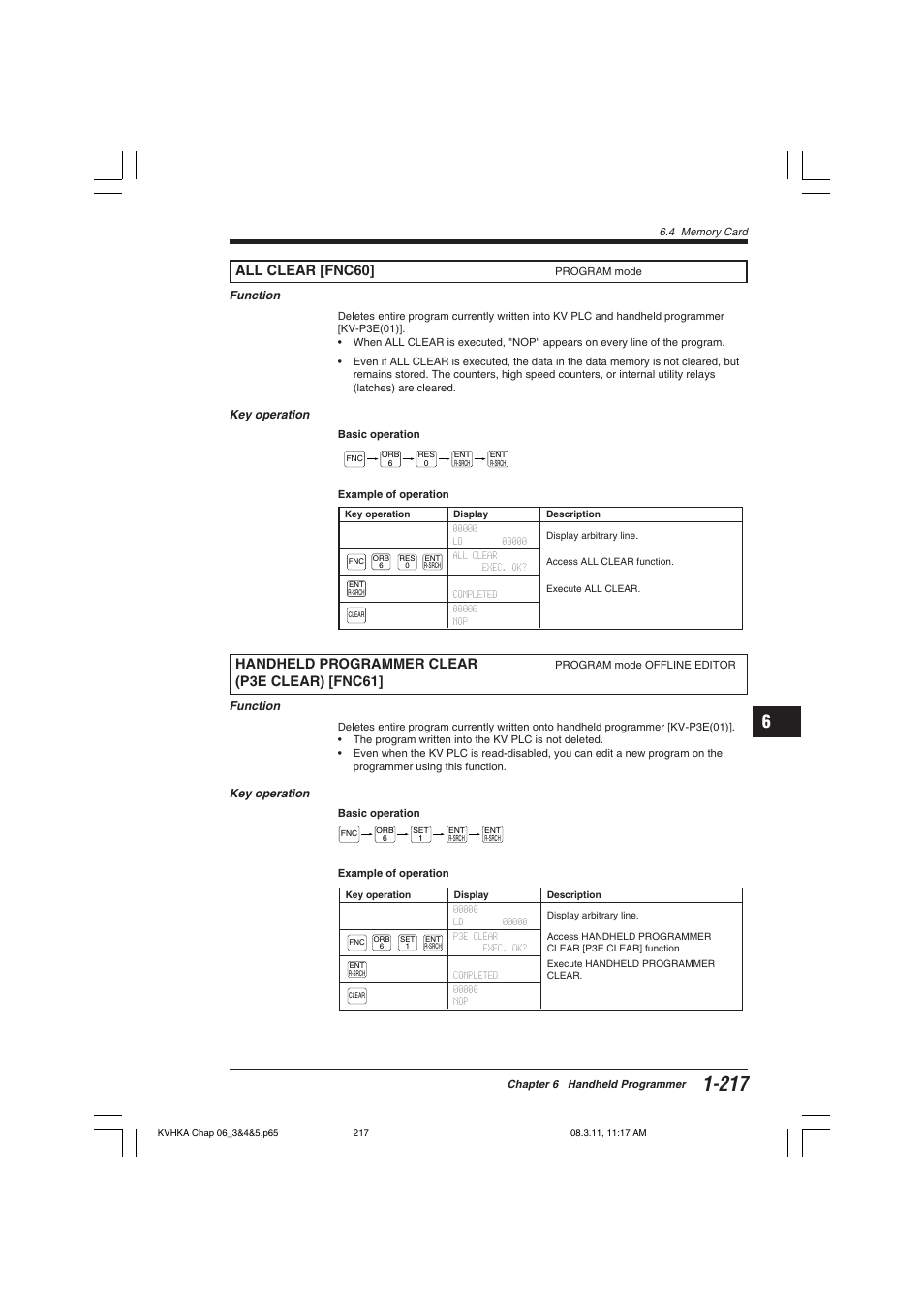 All clear [fnc60, Handheld programmer clear (p3e clear) [fnc61, Handheld programmer clear | P3e clear) [fnc61 | KEYENCE Visual KV Series User Manual | Page 241 / 444