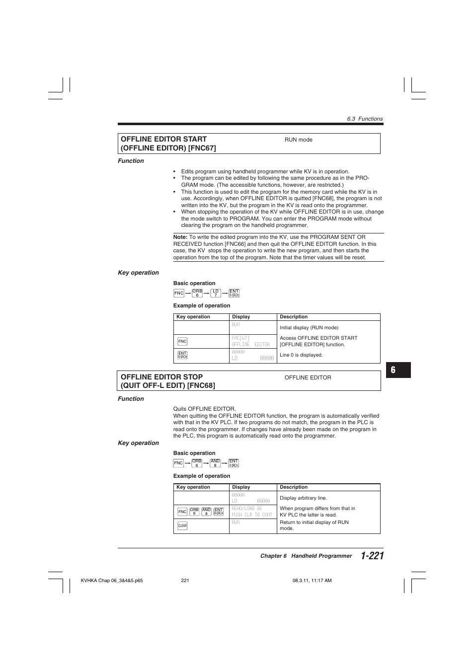 Offline editor start (offline editor) [fnc67, Offline editor stop (quit off-l edit) [fnc68, Offline editor start | Offline editor) [fnc67, Offline editor stop, Quit off-l edit) [fnc68 | KEYENCE Visual KV Series User Manual | Page 245 / 444