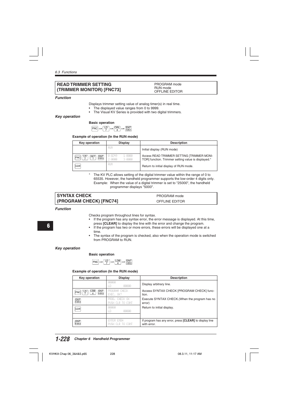 Read trimmer setting(trimmer monitor) [fnc73, Syntax check (program check) [fnc74, Read trimmer setting (trimmer monitor) [fnc73 | Syntax check, Program check) [fnc74 | KEYENCE Visual KV Series User Manual | Page 252 / 444