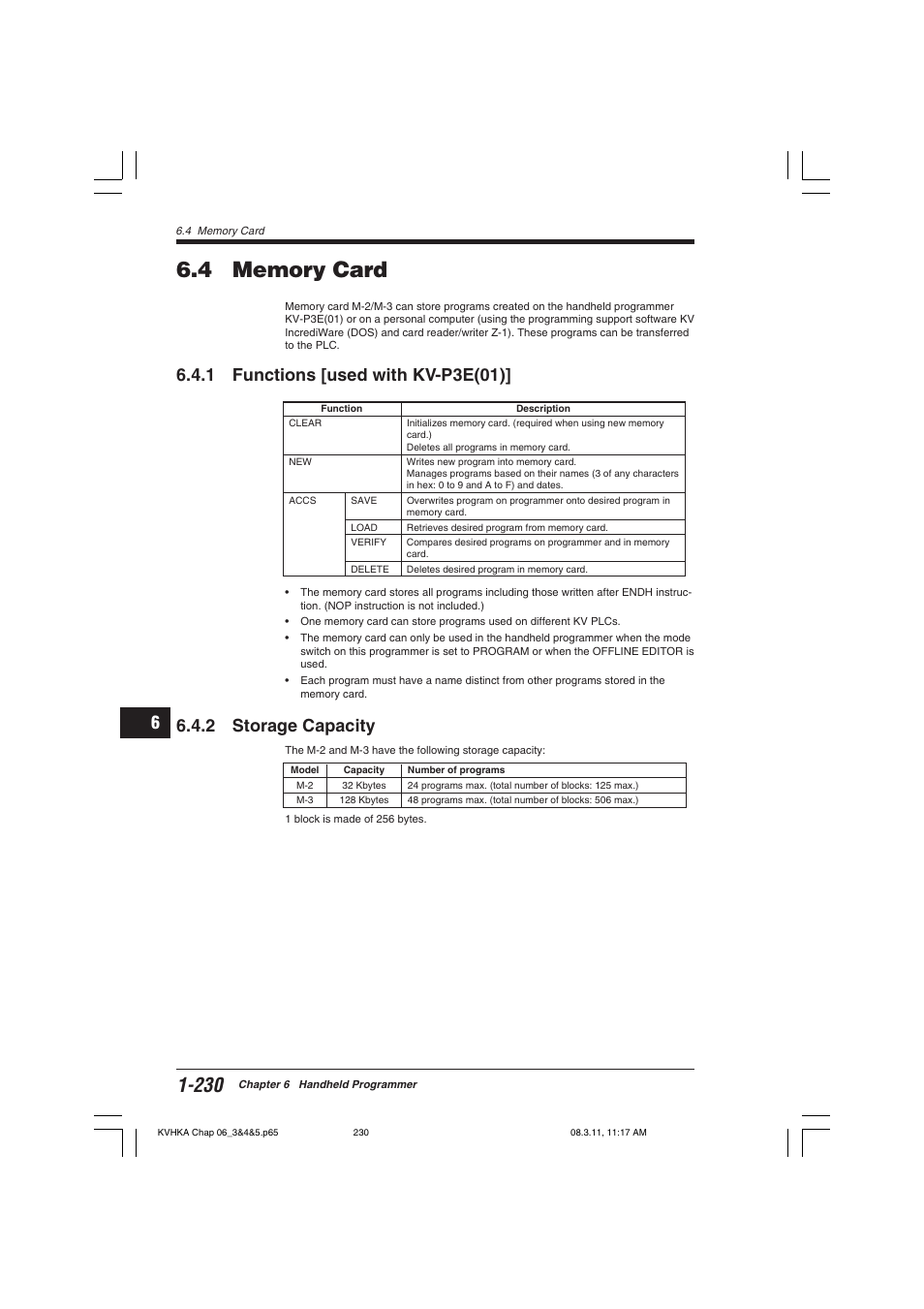 4 memory card, 1 functions [used with kv-p3e(01), 2 storage capacity | KEYENCE Visual KV Series User Manual | Page 254 / 444