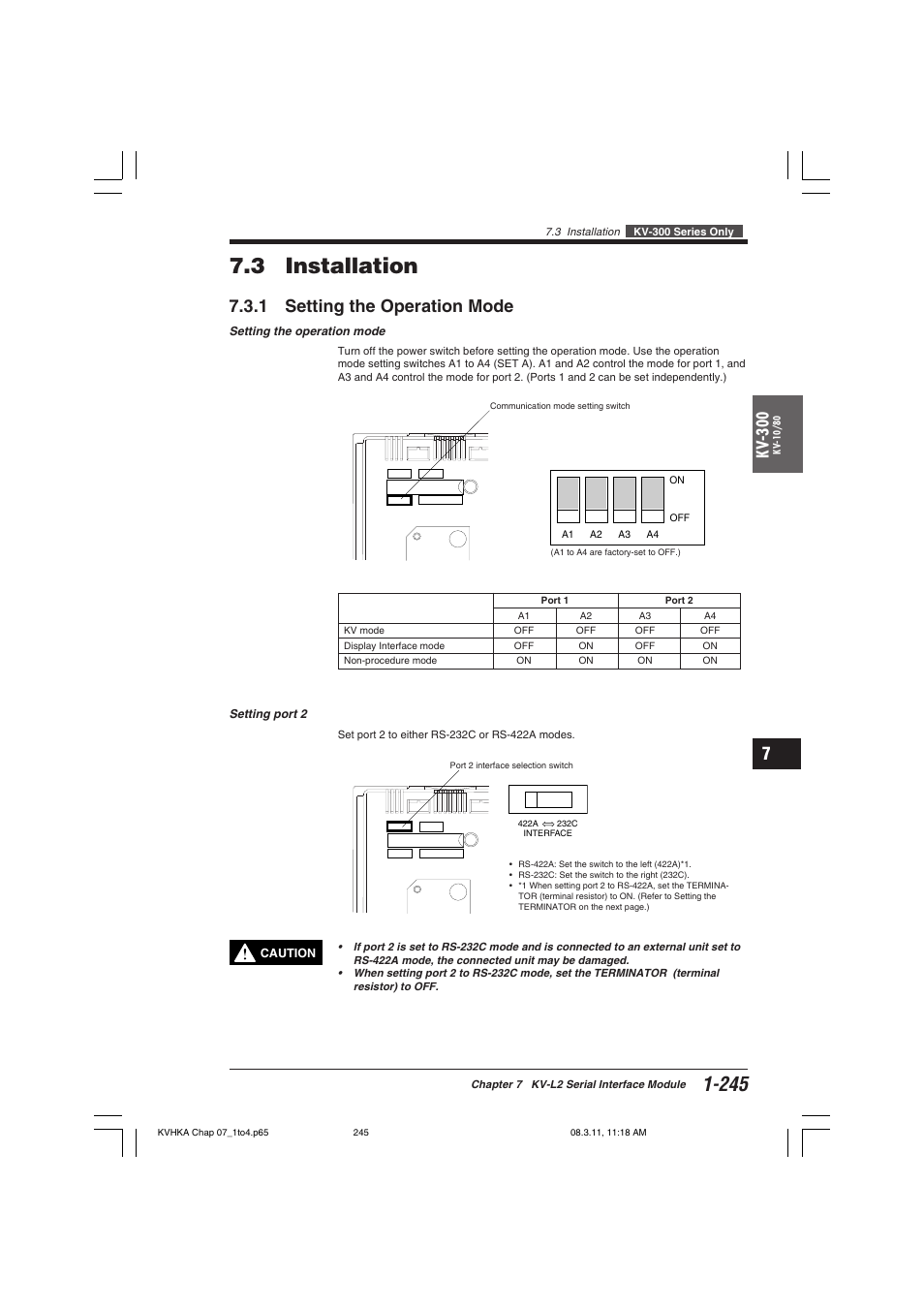 3 installation, 1 setting the operation mode, Kv -300 | KEYENCE Visual KV Series User Manual | Page 269 / 444