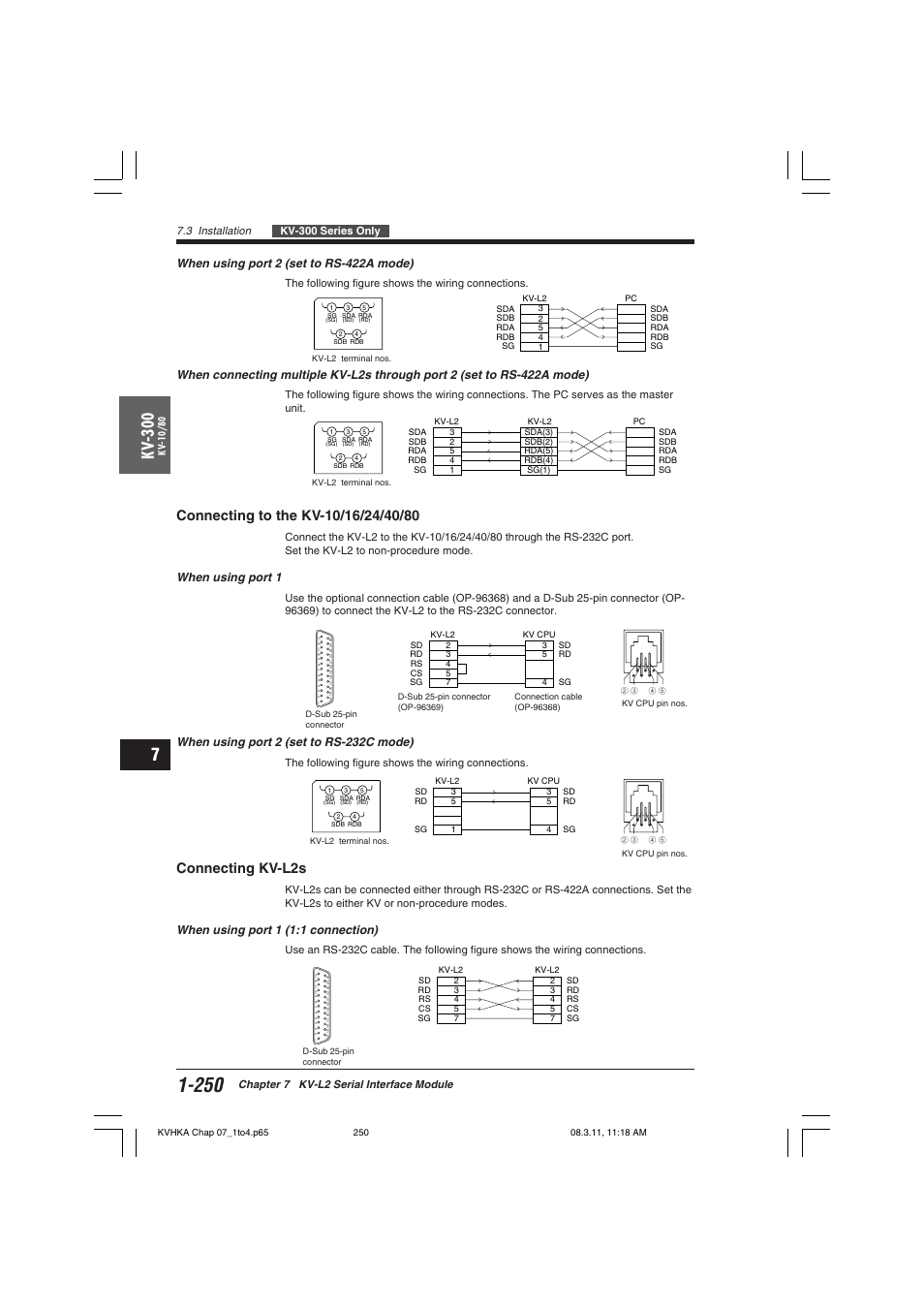 Connecting to the kv-10/16/24/40/80, Connecting kv-l2s, Kv -300 | When using port 2 (set to rs-422a mode), When using port 1, When using port 2 (set to rs-232c mode), When using port 1 (1:1 connection), 3 installation kv-300 series only, Chapter 7 kv-l2 serial interface module, The following figure shows the wiring connections | KEYENCE Visual KV Series User Manual | Page 274 / 444