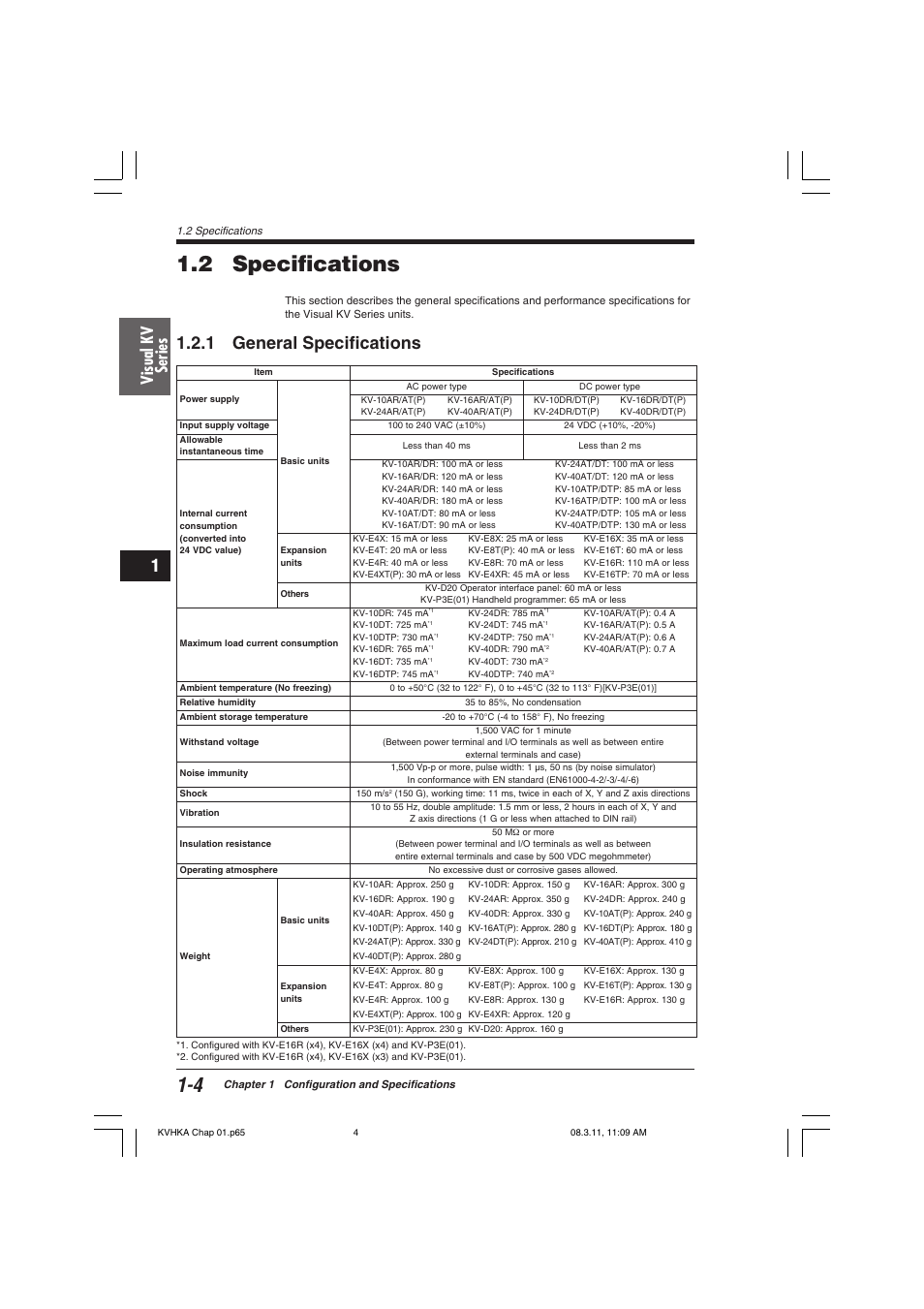 2 specifications, 1 general specifications, Visual kv series | KEYENCE Visual KV Series User Manual | Page 28 / 444