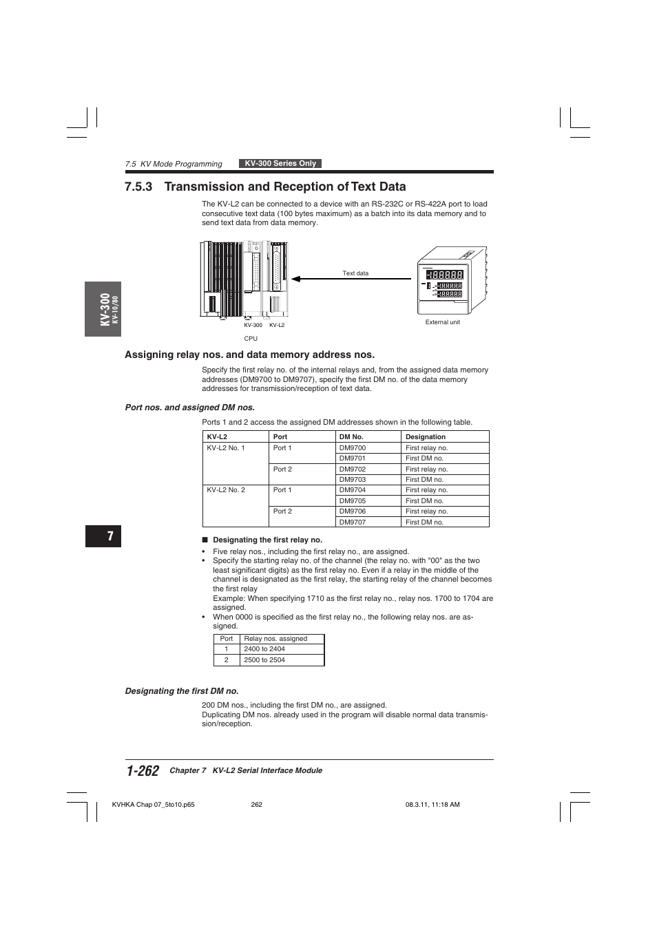 3 transmission and reception of text data, Assigning relay nos. and data memory address nos, Kv -300 | KEYENCE Visual KV Series User Manual | Page 286 / 444