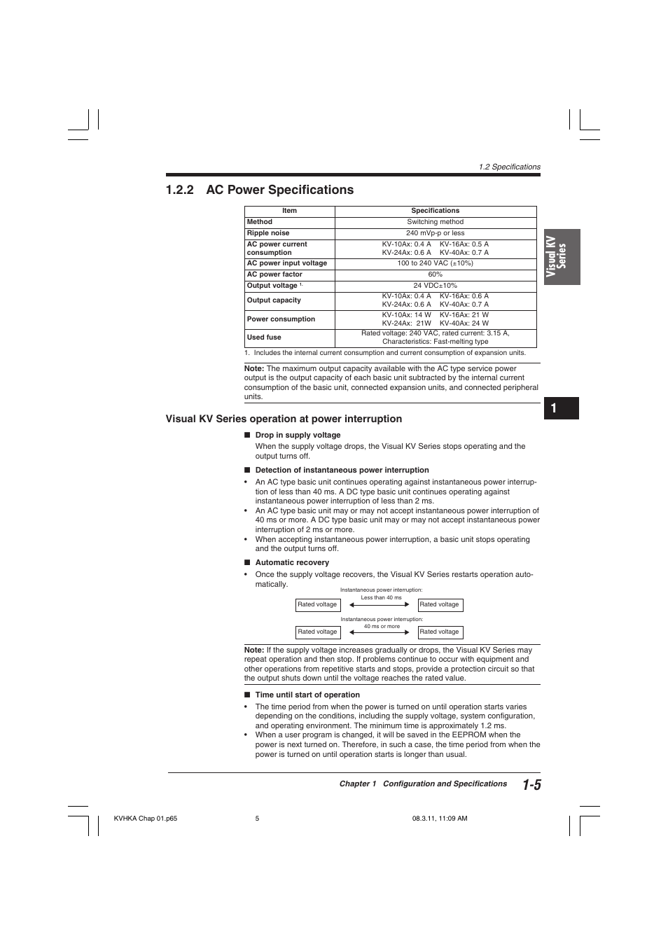 2 ac power specifications, Visual kv series operation at power interruption, Visual kv series | KEYENCE Visual KV Series User Manual | Page 29 / 444