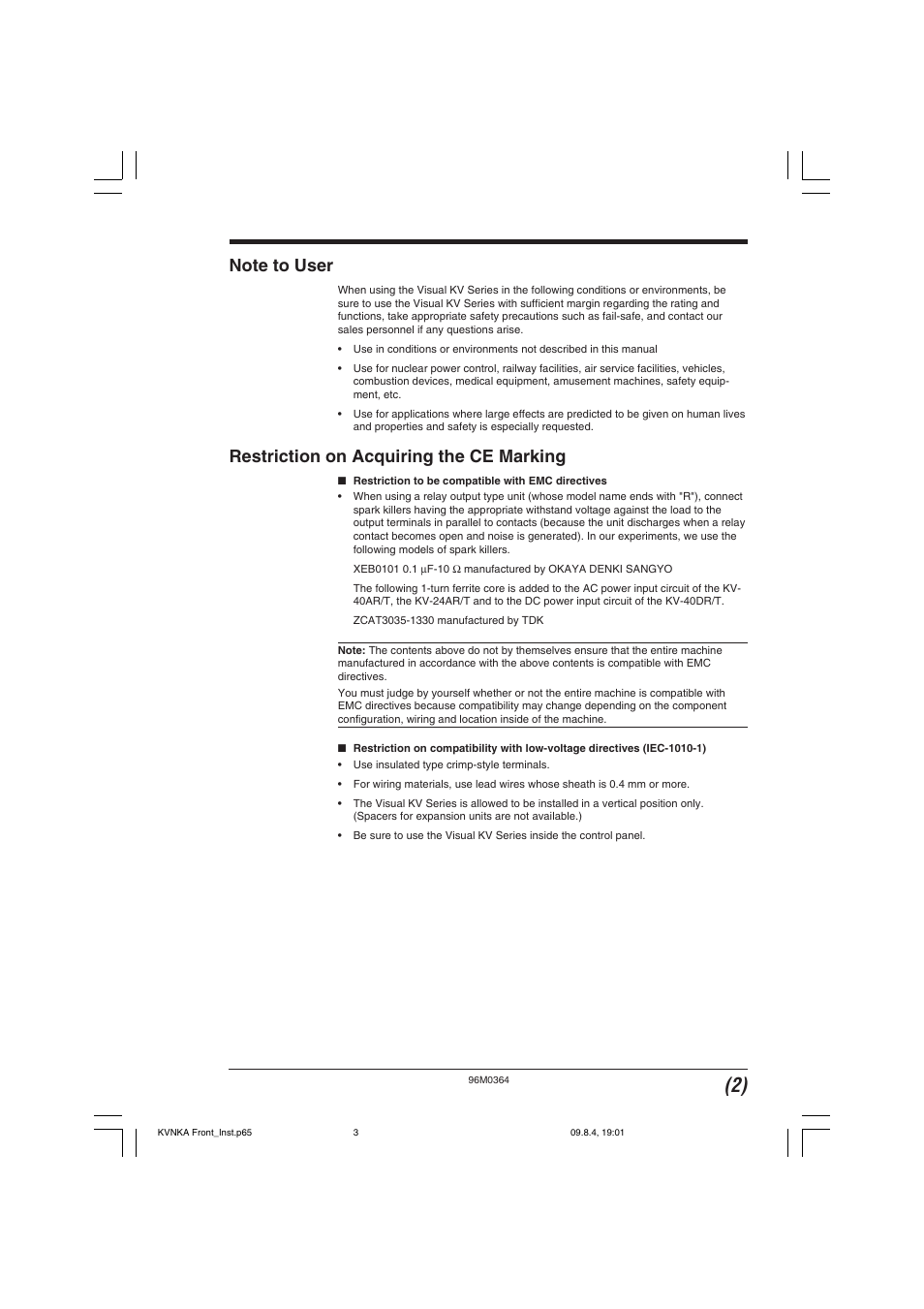 Note to user, Restriction on acquiring the ce marking | KEYENCE Visual KV Series User Manual | Page 3 / 444