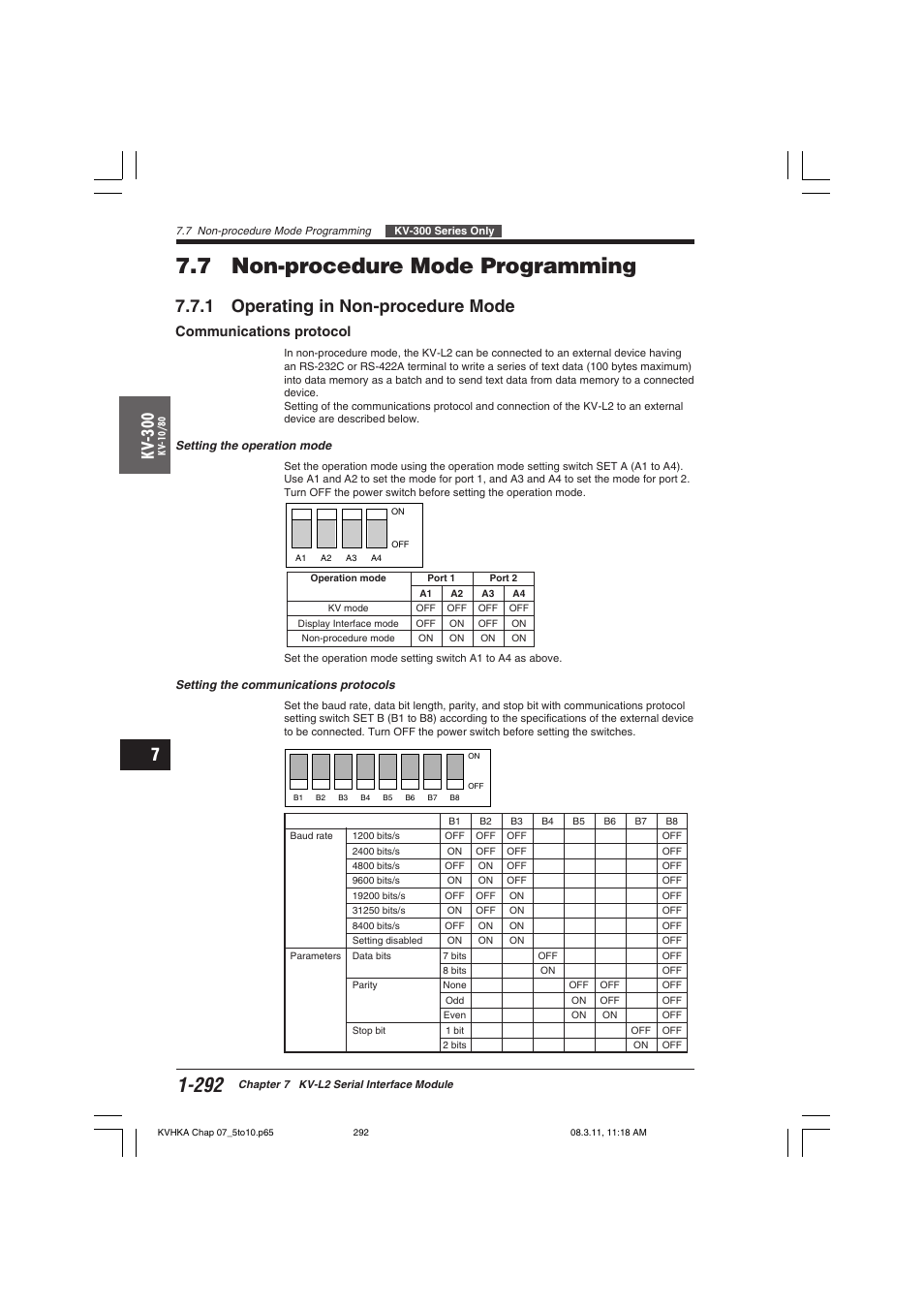 7 non-procedure mode programming, 1 operating in non-procedure mode, Communications protocol | Kv -300 | KEYENCE Visual KV Series User Manual | Page 316 / 444