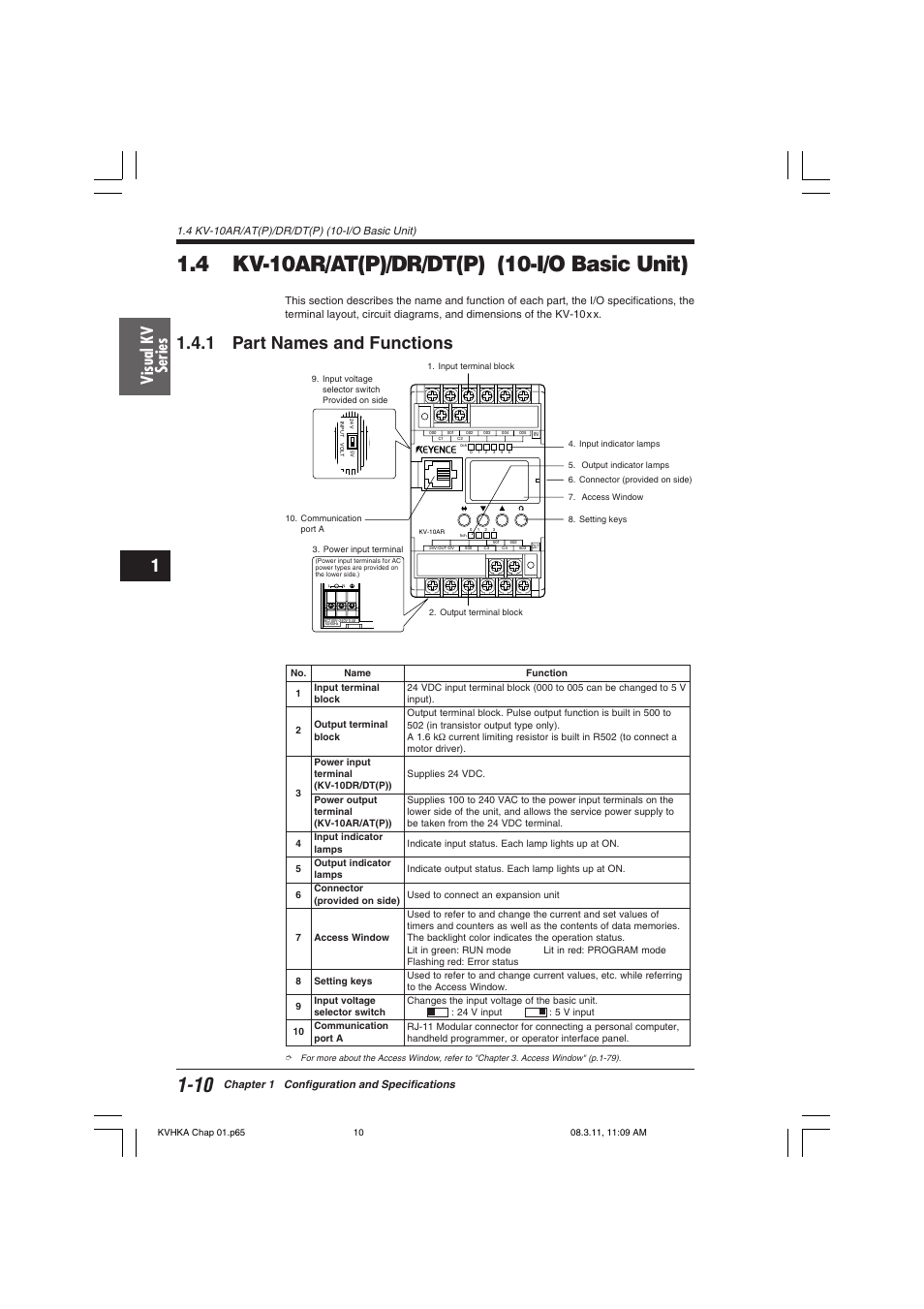 4 kv-10ar/at(p)/dr/dt(p) (10-i/o basic unit), 1 part names and functions, Visual kv series | KEYENCE Visual KV Series User Manual | Page 34 / 444