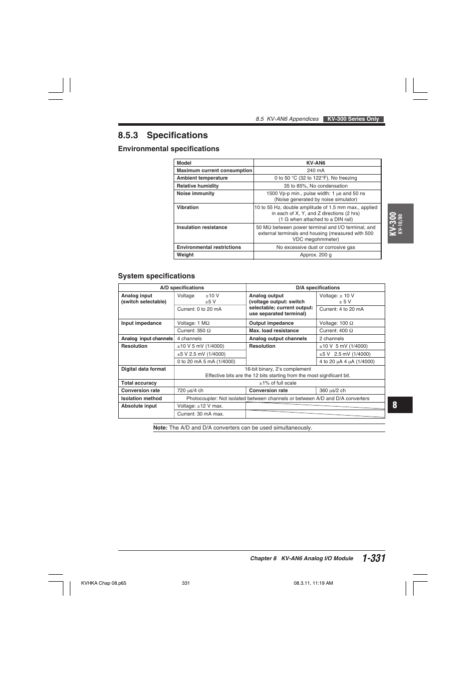 3 specifications, Environmental specifications, System specifications | Kv -300 | KEYENCE Visual KV Series User Manual | Page 355 / 444