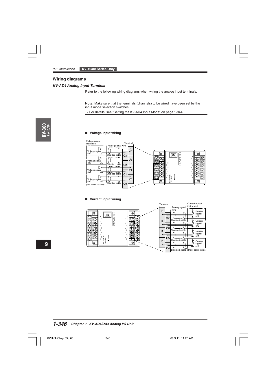 Wiring diagrams, Kv -300, Kv-ad4 analog input terminal | Chapter 9 kv-ad4/da4 analog i/o unit, Voltage input wiring current input wiring | KEYENCE Visual KV Series User Manual | Page 370 / 444
